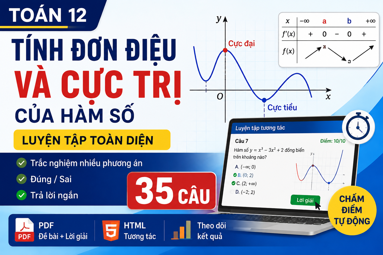 Toán 12 – Bài 1 - Đơn điệu và cực trị | 35 câu luyện tập + HTML tương tác + PDF + file tex